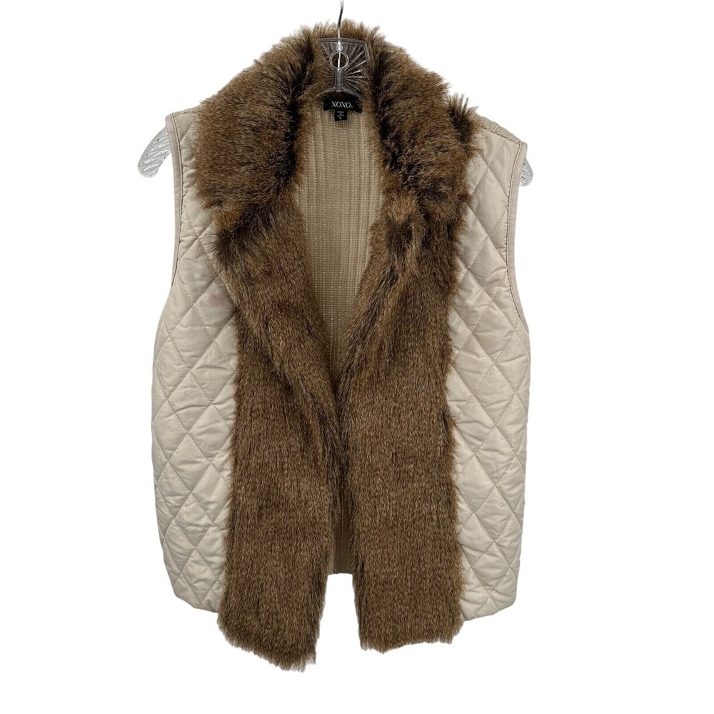 XOXO Women Large Quilted Faux Fur Trim Vest Cream Ribbed Knit Back 4122YGXRS